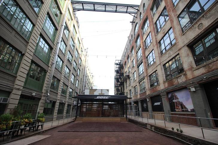 the courtyard between two buildings at Industry City in Brooklyn